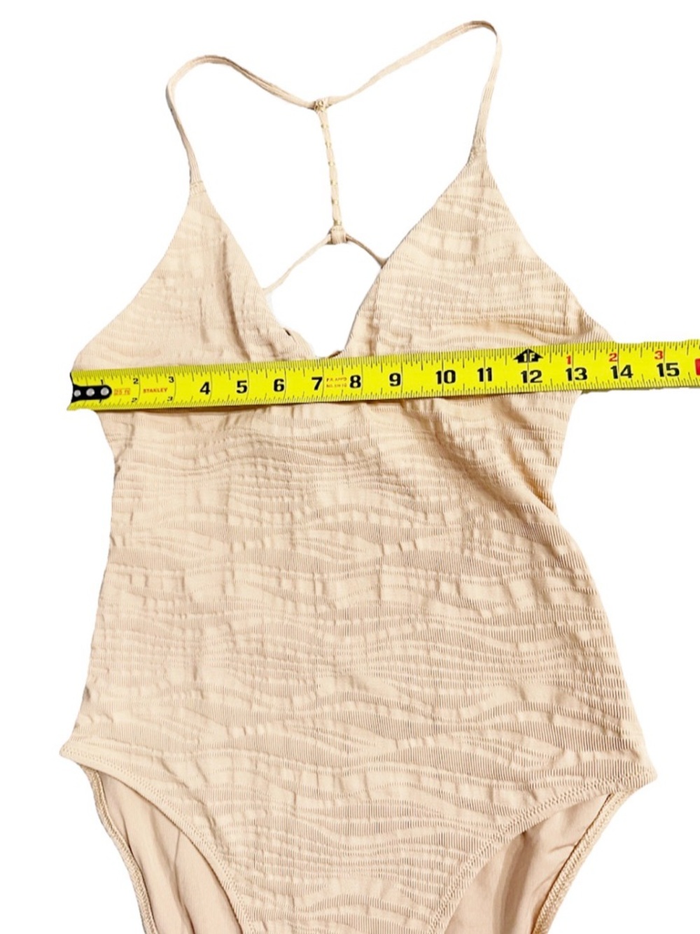 Aerie Beige Textured One Piece Swimsuit Open Back Beaded Strap M - Picture 9 of 10